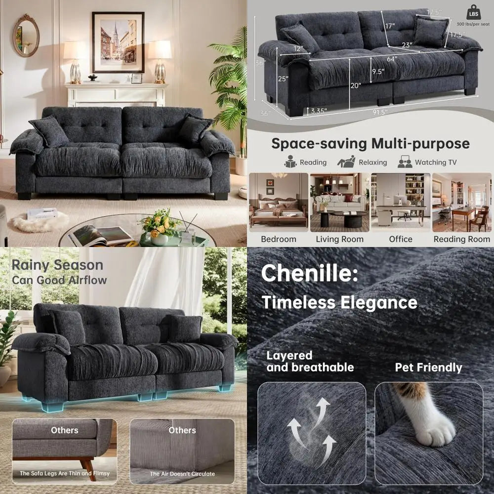 Luxury Chenille Fabric Cloud Couch Sofa, Comfortable Living Room Furniture, Wide Armrests Black Sofa for Apartments