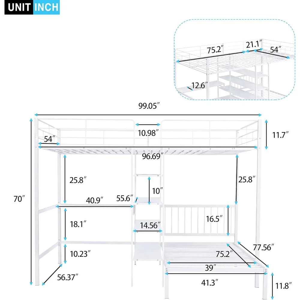 Harper & Bright Designs Full Over Twin Metal Bunk Bed with Built-in Desk, Shelves and Ladder, White