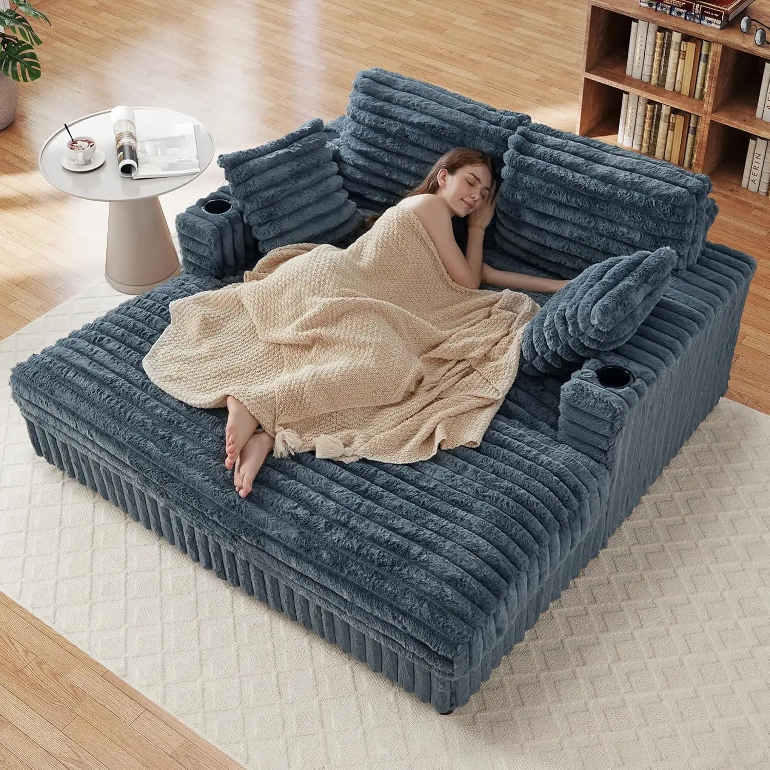 63Inch Plush Faux Rabbit Fur Chaise Loveseat With Charging Station