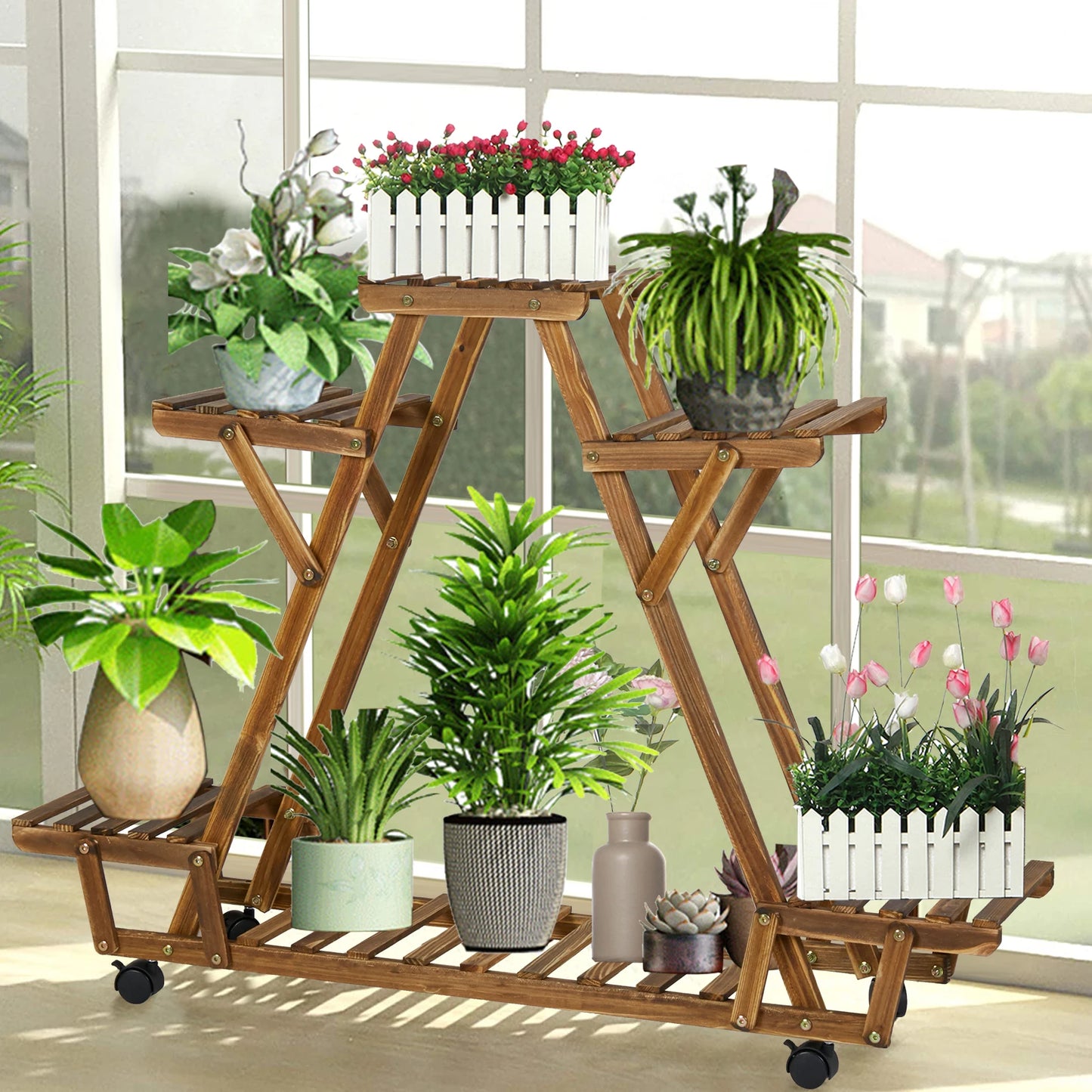 Triangular Plant Shelf 6 Potted Carbonized Wood Plant Holder Flower Pot Stand Display Storage Rack with Wheels for Garden