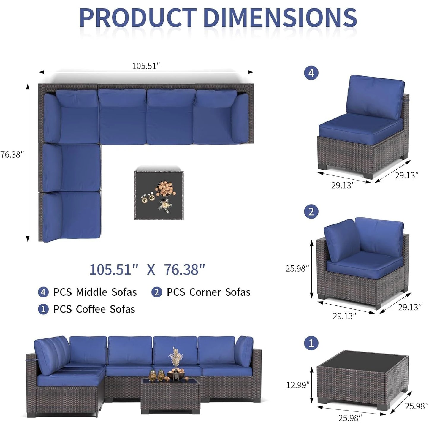 Seven Piece Modular Outdoor Furniture Set With PE Rattan Wicker