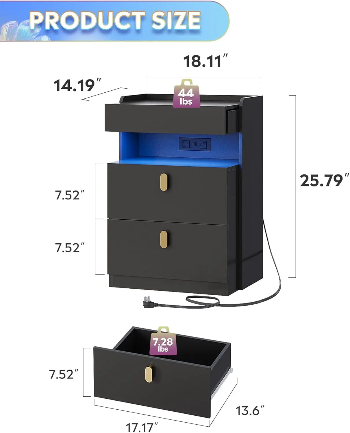 NEW Nighstand Set of 2 , LED Night Stands Sets , Bedside Tables , End Table for Bedroom, Living Room, Black