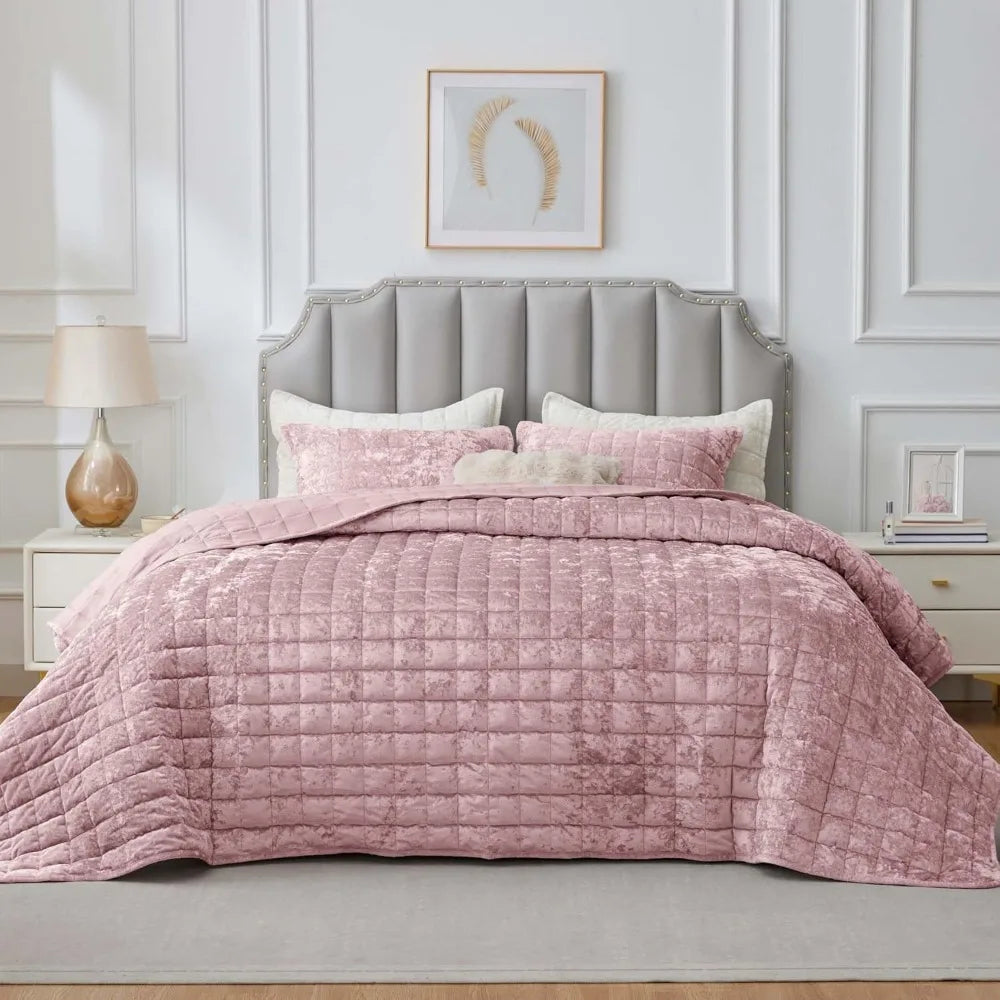 Velvet Quilt Set King Size - Luxury Velvet Comforter Bedding Set 3 Pieces, Soft Cozy Dusty Pink Oversized Bedspread Cov