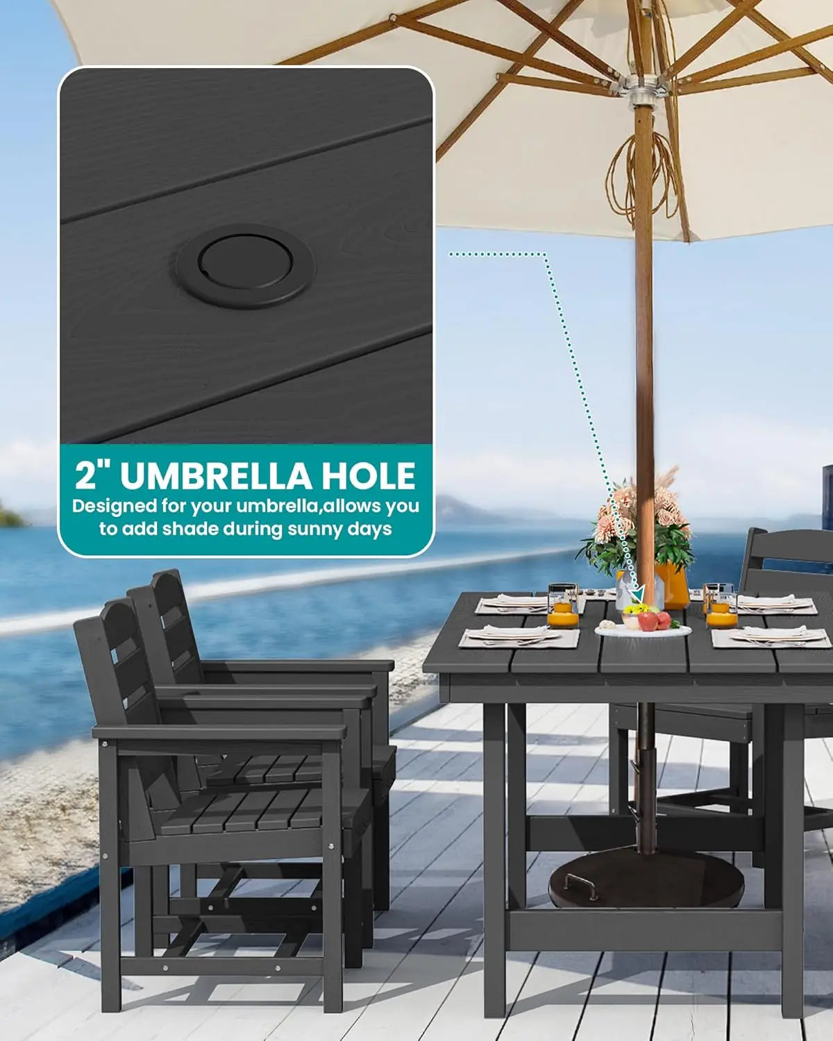 Outdoor HDPE Patio Dining Set Umbrella Hole 6 Chairs