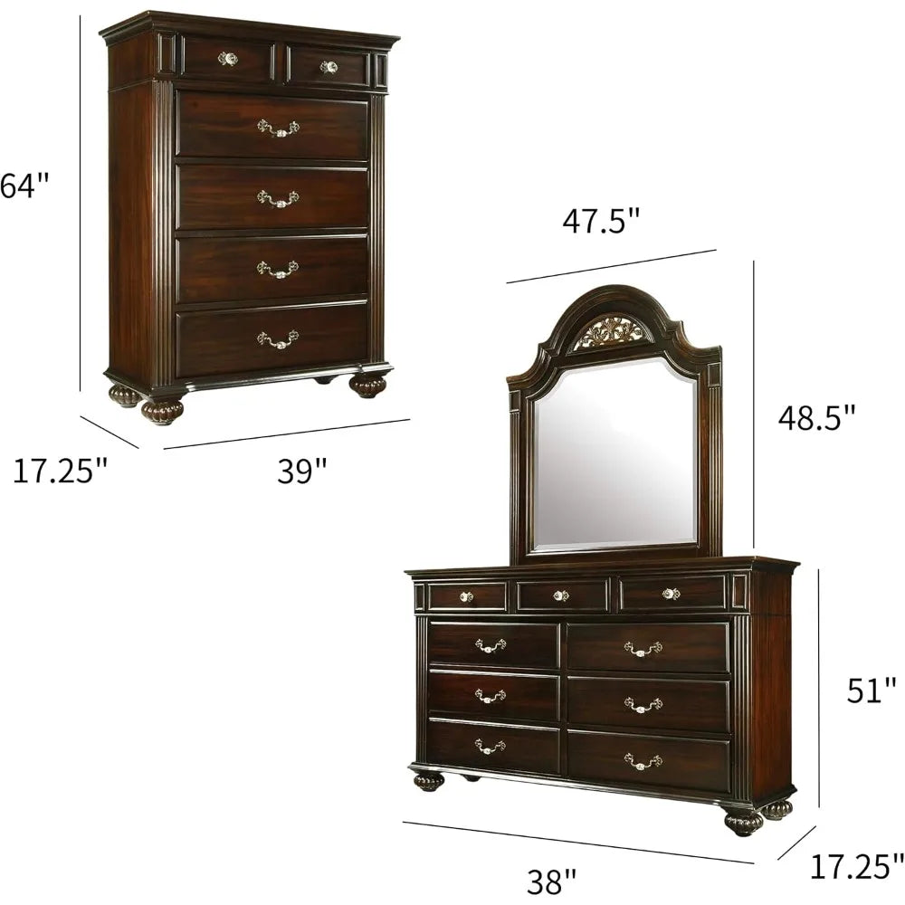 24/7 Shop at Home Syracuse 6-Piece Traditional Solid Wood Bedroom Set with Chest, Mirrored-Dresser and 2 Nightstands, Box Spring
