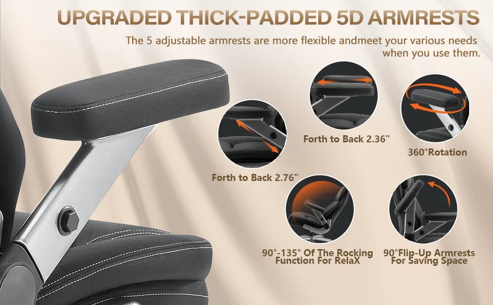 600LBS Big Tall Fabric Executive Office Chair 5D Flip Arms