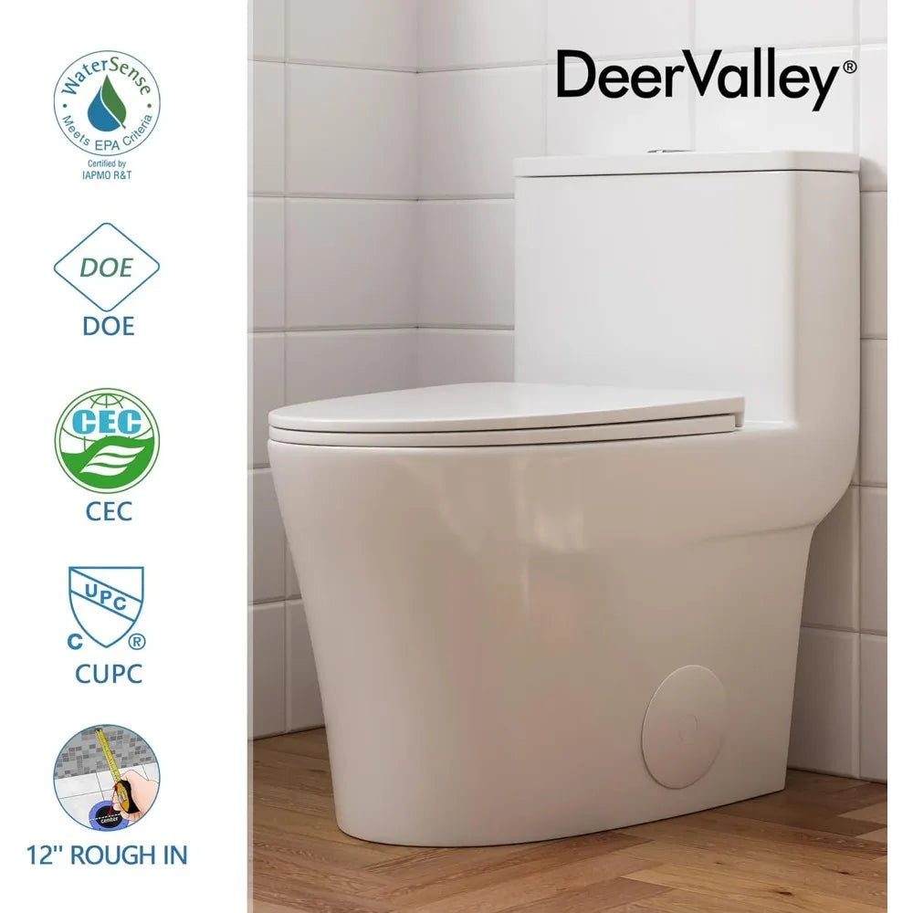 DeerValley Compact One Piece Toilet Elongated, Modern Toilet with Soft Close Seat Ceramic Glossy for Small Bathroom Space