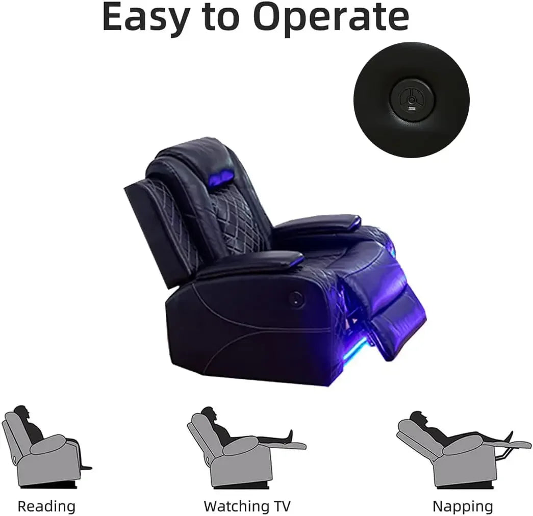 Hot salesPower Recliner Sofa Set, Black Leather 3 Pieces Sectional Couch, Living Room Furniture Sets with LED Light, Modern Powe