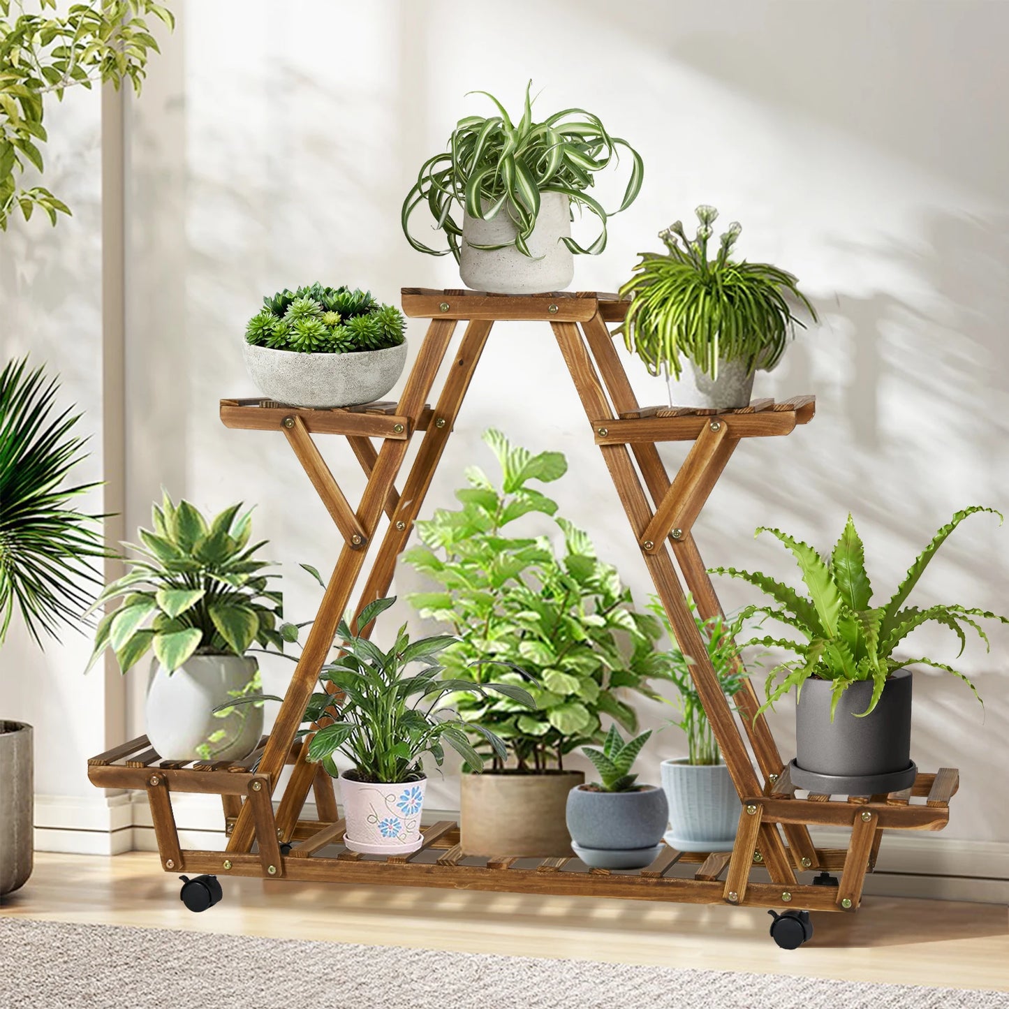 Triangular Plant Shelf 6 Potted Carbonized Wood Plant Holder Flower Pot Stand Display Storage Rack with Wheels for Garden