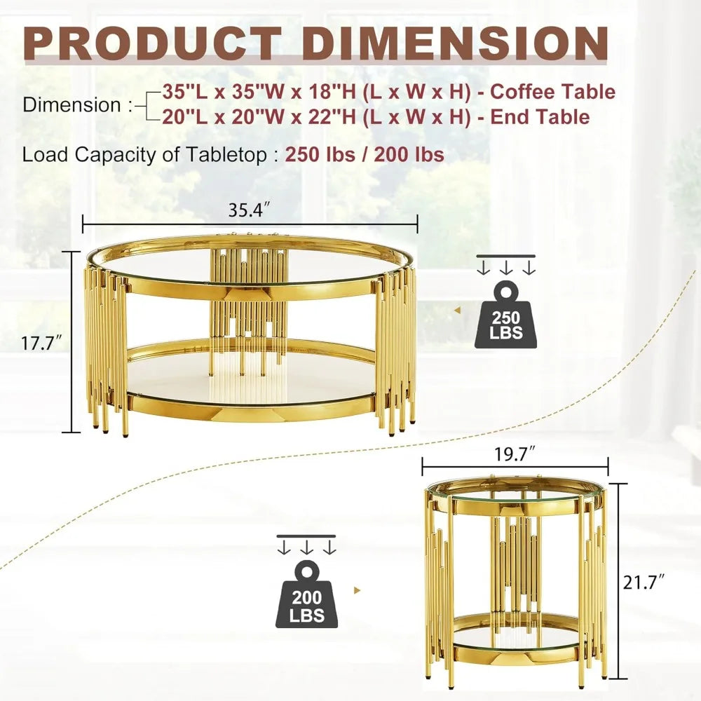 3 Piece Glass Coffee Table Set With Round Stainless Steel