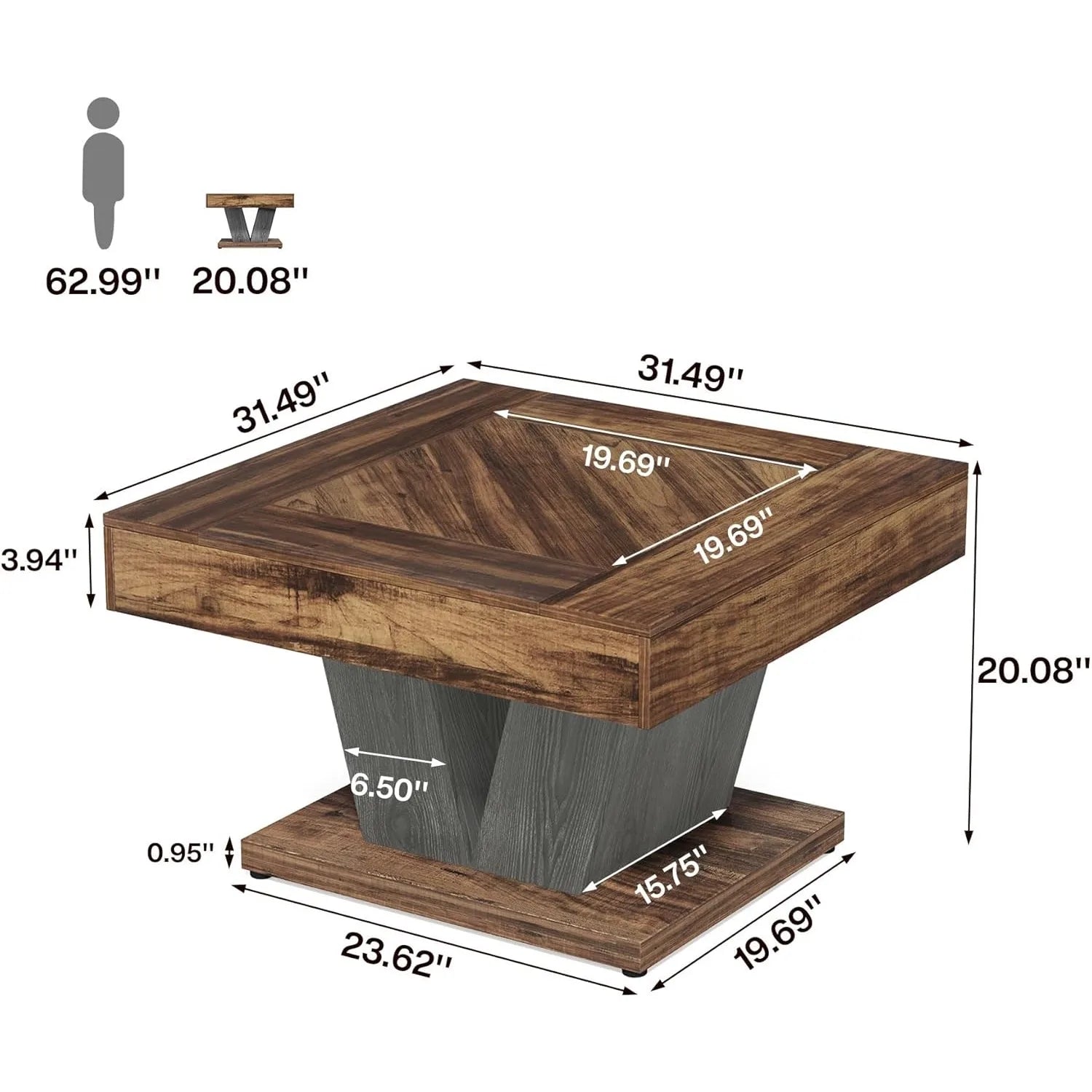Little Tree Rustic Brown Square Coffee Table For Living Room