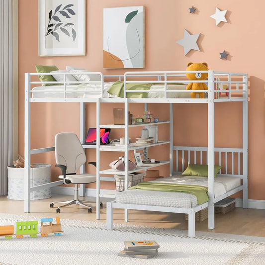 Harper & Bright Designs Full Over Twin Metal Bunk Bed with Built-in Desk, Shelves and Ladder, White