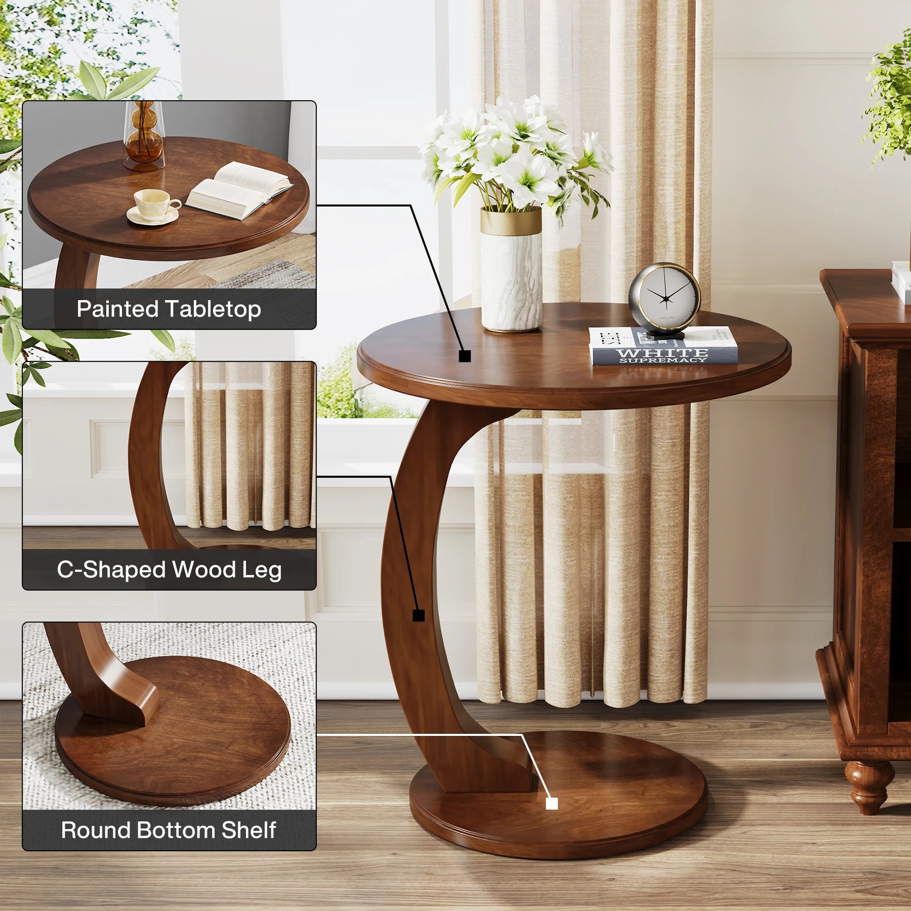 Tribesigns Round End Table Wood C Shaped Side Table Retro