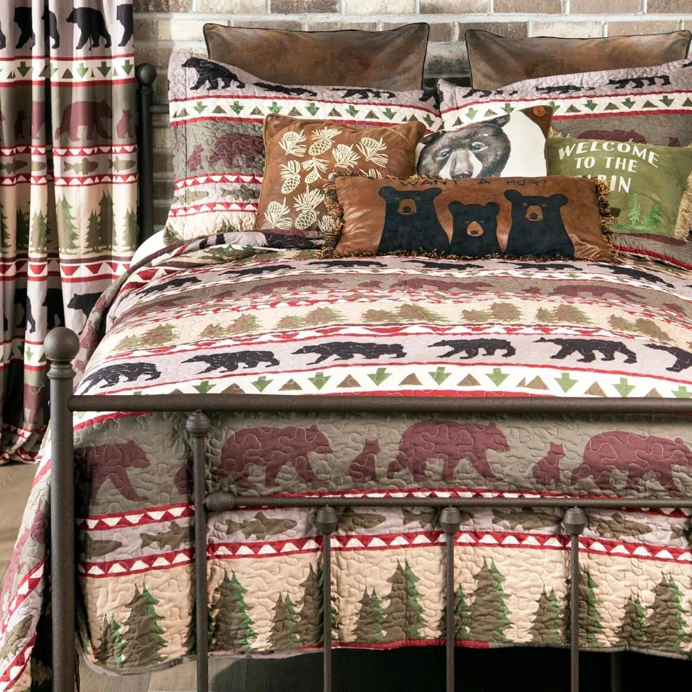 Rustic-Themed Bear Striped Microfiber Quilt Set for King-Size Beds