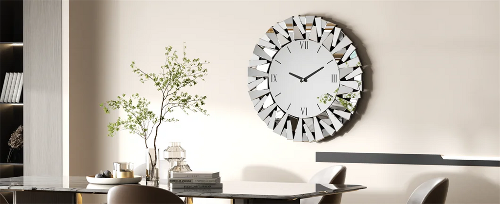 Large 3D Mirrored Sunburst Wall Clock With Roman Numerals Decor