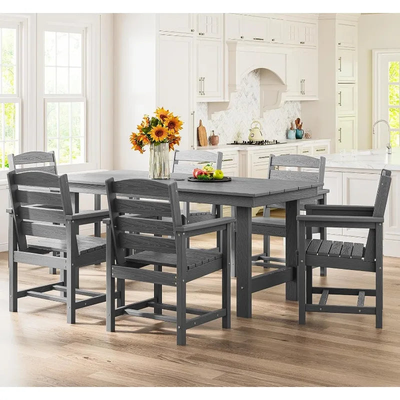 Outdoor HDPE Dining Table Set, 7-Piece Outdoor Dining Table Sets with Umbrella Hole Cut-Out Table and 6 Chairs, Gray Pati