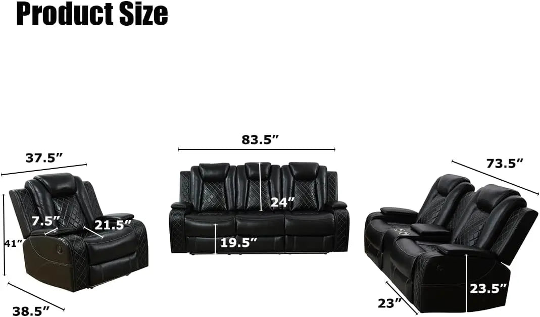 Hot salesPower Recliner Sofa Set, Black Leather 3 Pieces Sectional Couch, Living Room Furniture Sets with LED Light, Modern Powe