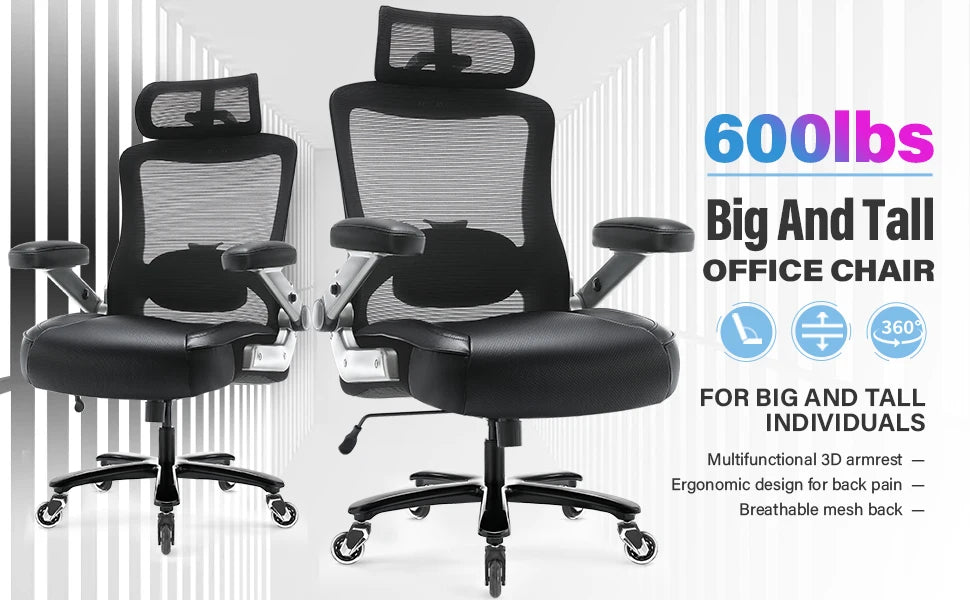 600 LB Big and Tall Office Chair with 3D Flip Arms Large Wheels Extra Wide Seat