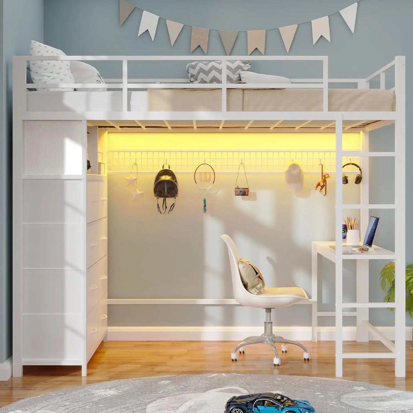 White Metal Twin Loft Bed With Desk And Storage Drawers