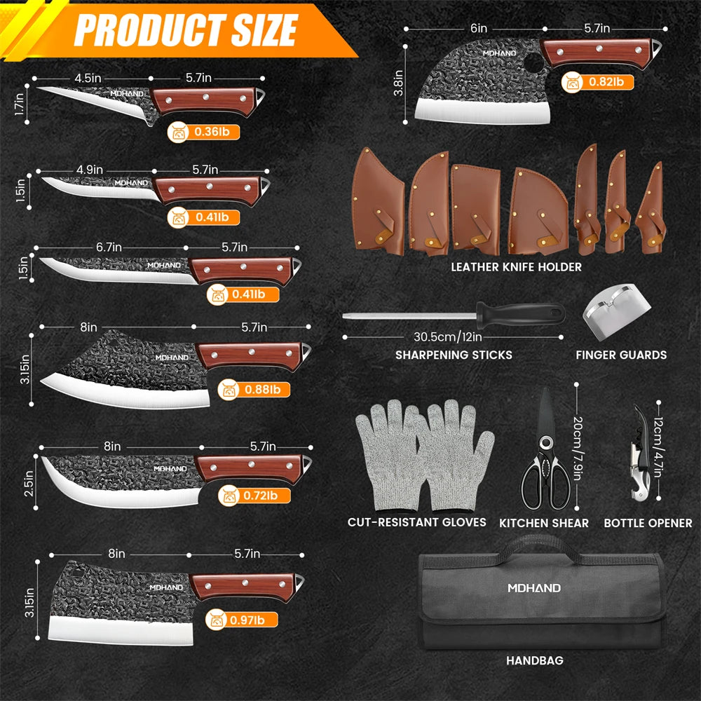 14 Piece Hand Forged Butcher Knife Set With Roll Bag
