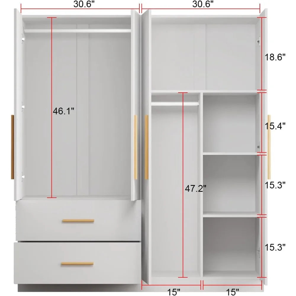 63 Inch Wide 4 Door Wood Wardrobe With Hanging Rails