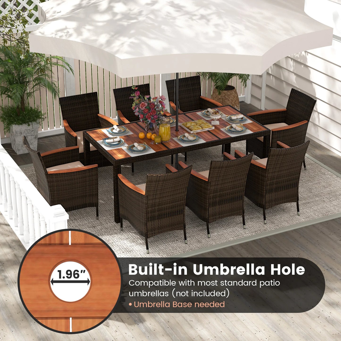 9PCS Patio Wicker Dining Set Acacia Wood Table Top Umbrella Hole Cushions Chairs