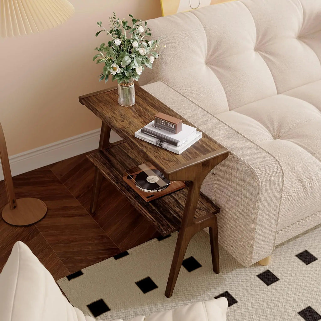 Solid Wood End Table Two Tier Storage Shelf Living Room