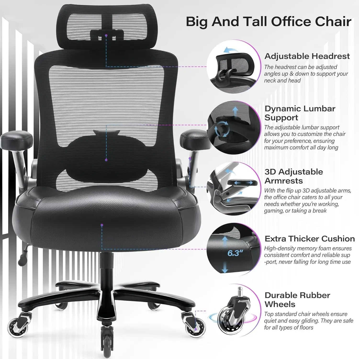600 LB Big and Tall Office Chair with 3D Flip Arms Large Wheels Extra Wide Seat