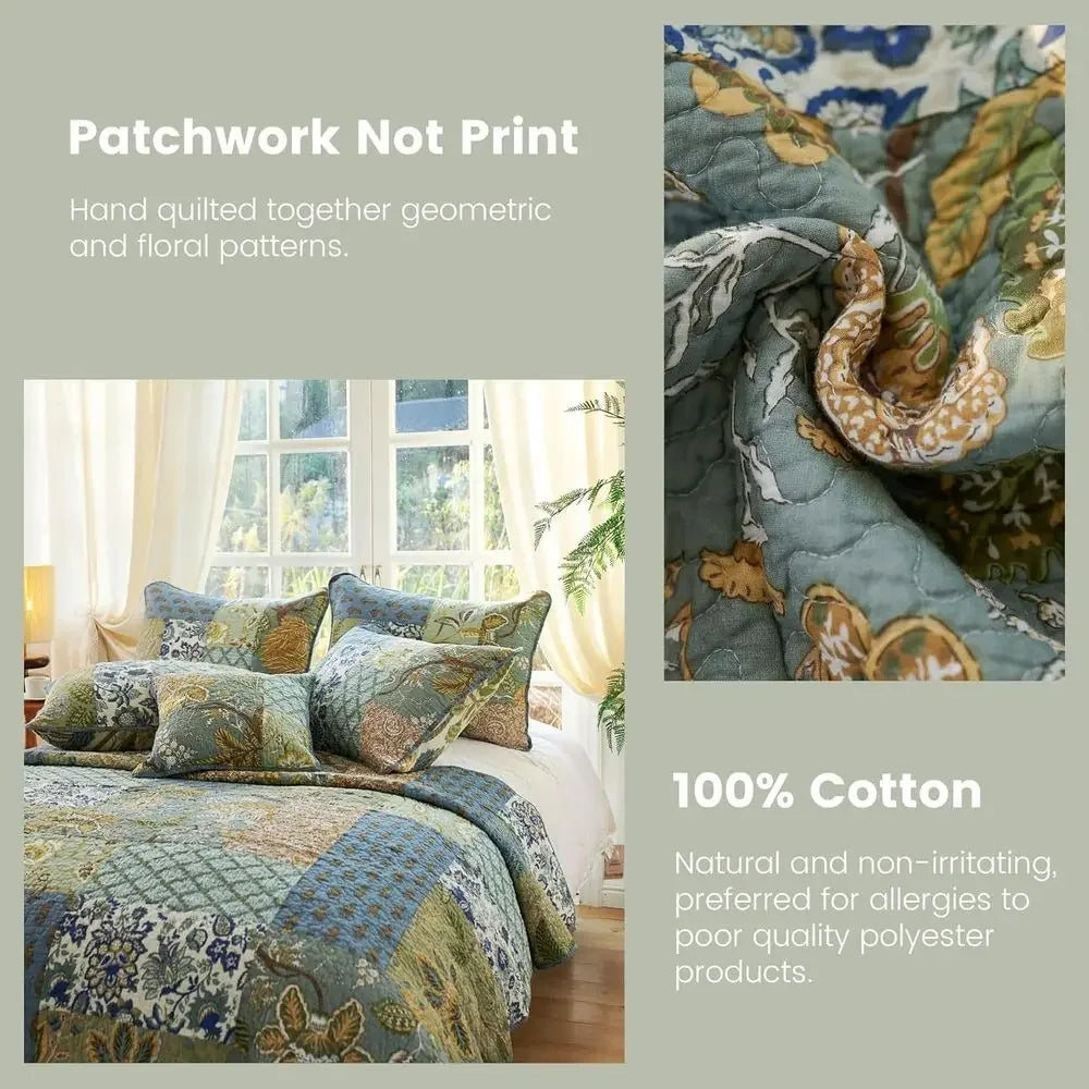 Oversized 100 Cotton California King Quilt Set Green Patchwork