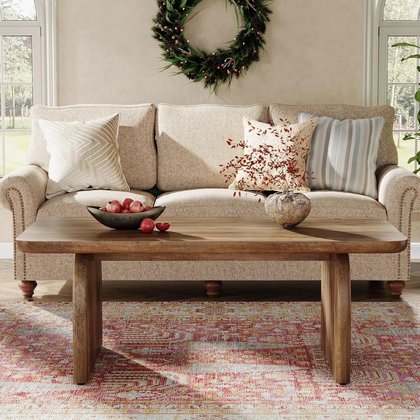Rectangular Wood Coffee Table Farmhouse Low Profile Sturdy Base