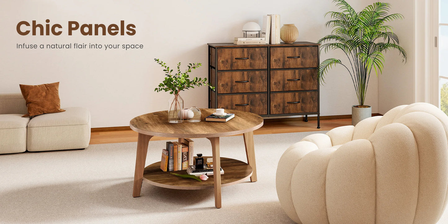 JHK 32 Inch Round Wood Coffee Table With Hidden Storage