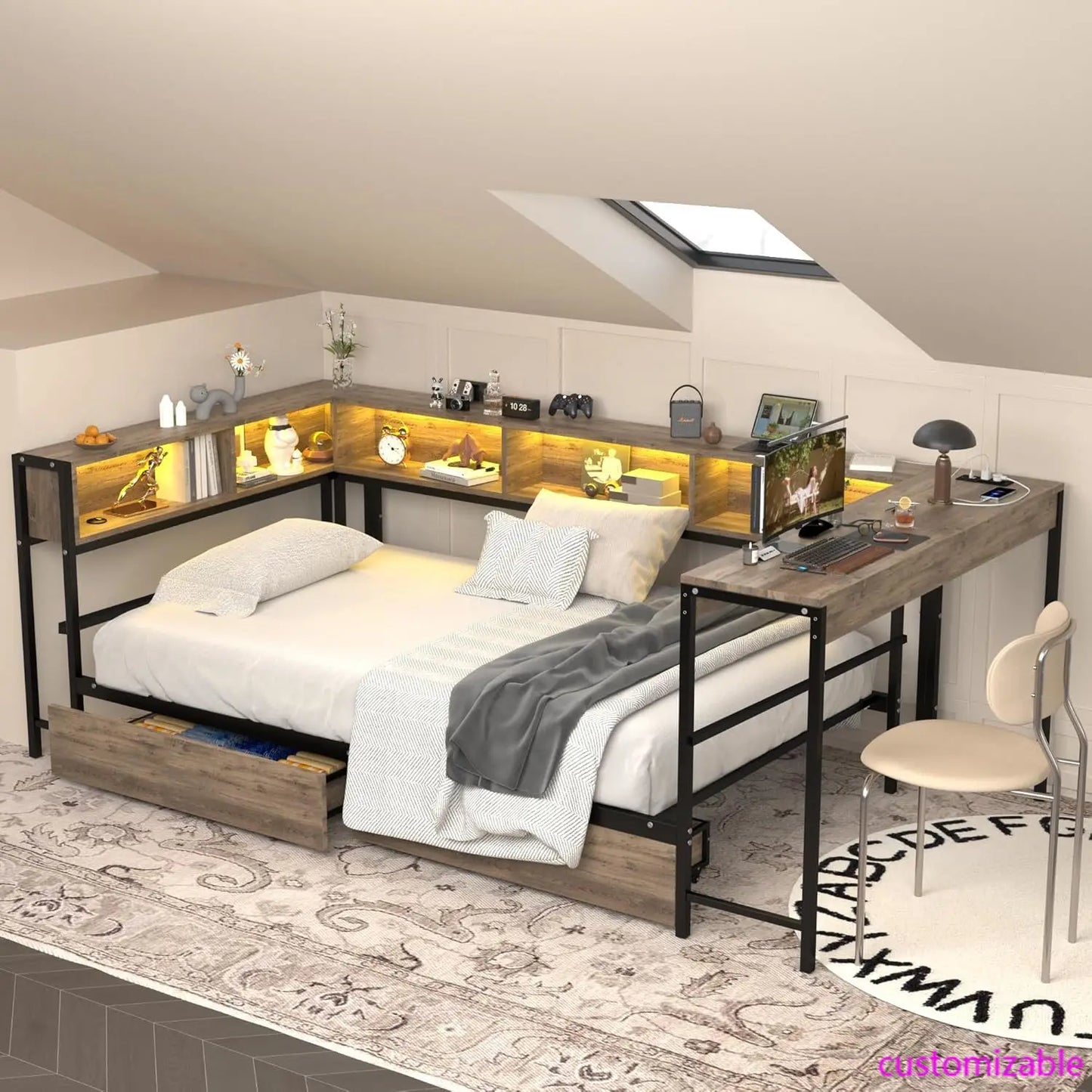 Corner Bed Frame With Storage Bookcase And LED Charging Station Metal Platform Twin Daybed With Drawers