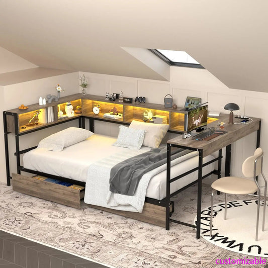 Corner Bed Frame With Storage Bookcase And LED Charging Station Metal Platform Twin Daybed With Drawers