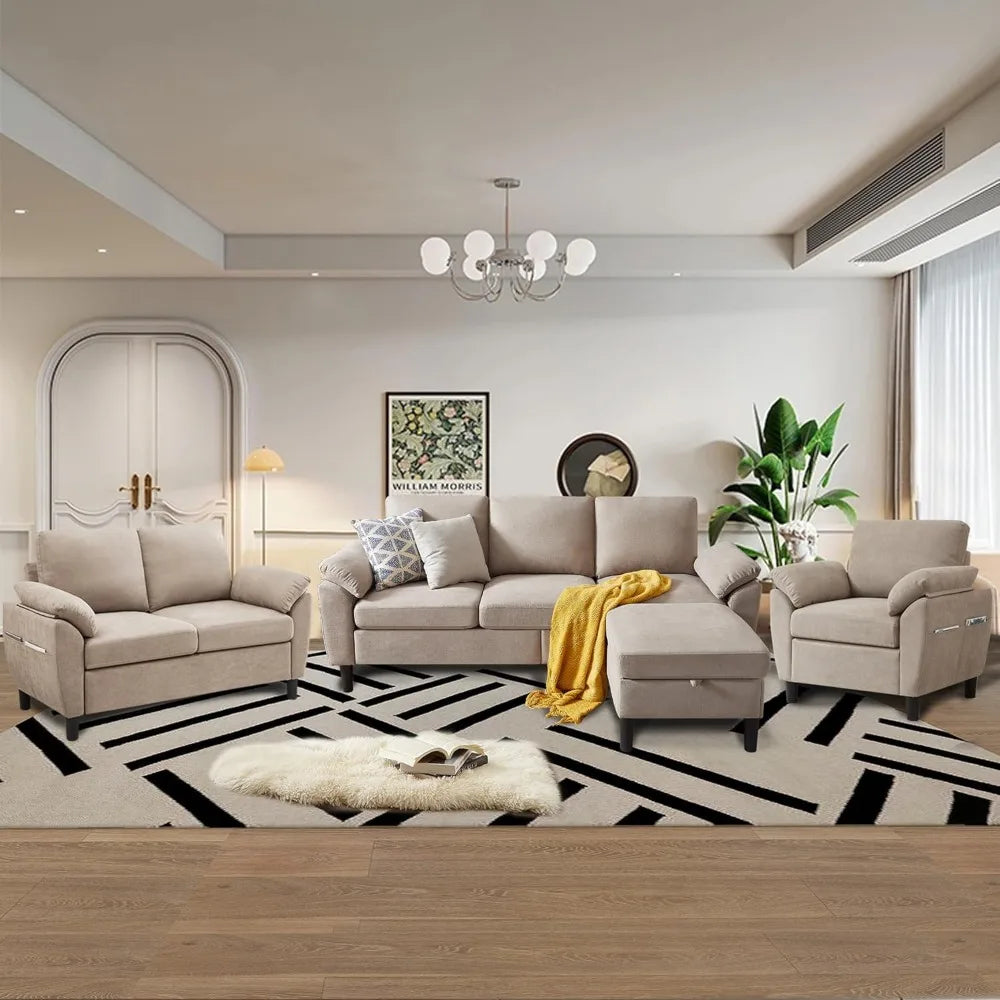 4 Piece Convertible Sectional Sofa Set, Modern Linen Small L Shaped Couch with Reversible Chaise, 3-Seater Sofa & Loveseat & Arm