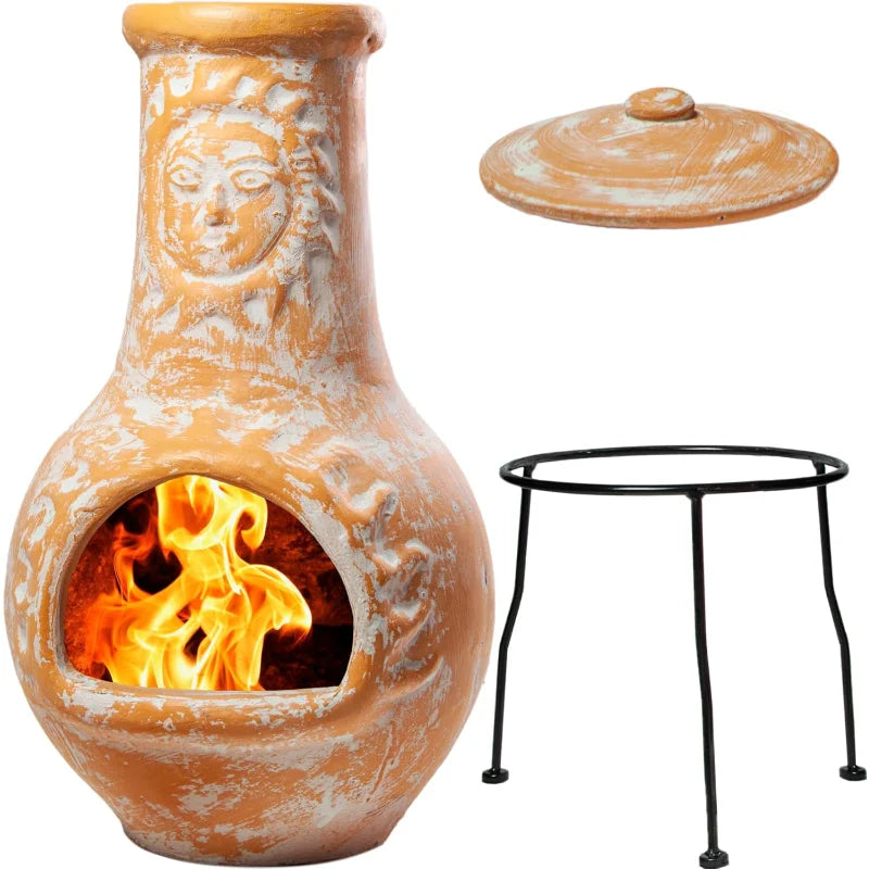 Medium Chiminea Outdoor Fireplace Clay Chimineas with Chimney Rain Lids and Solid Metal Stands - Yellow Terracotta Chimenea