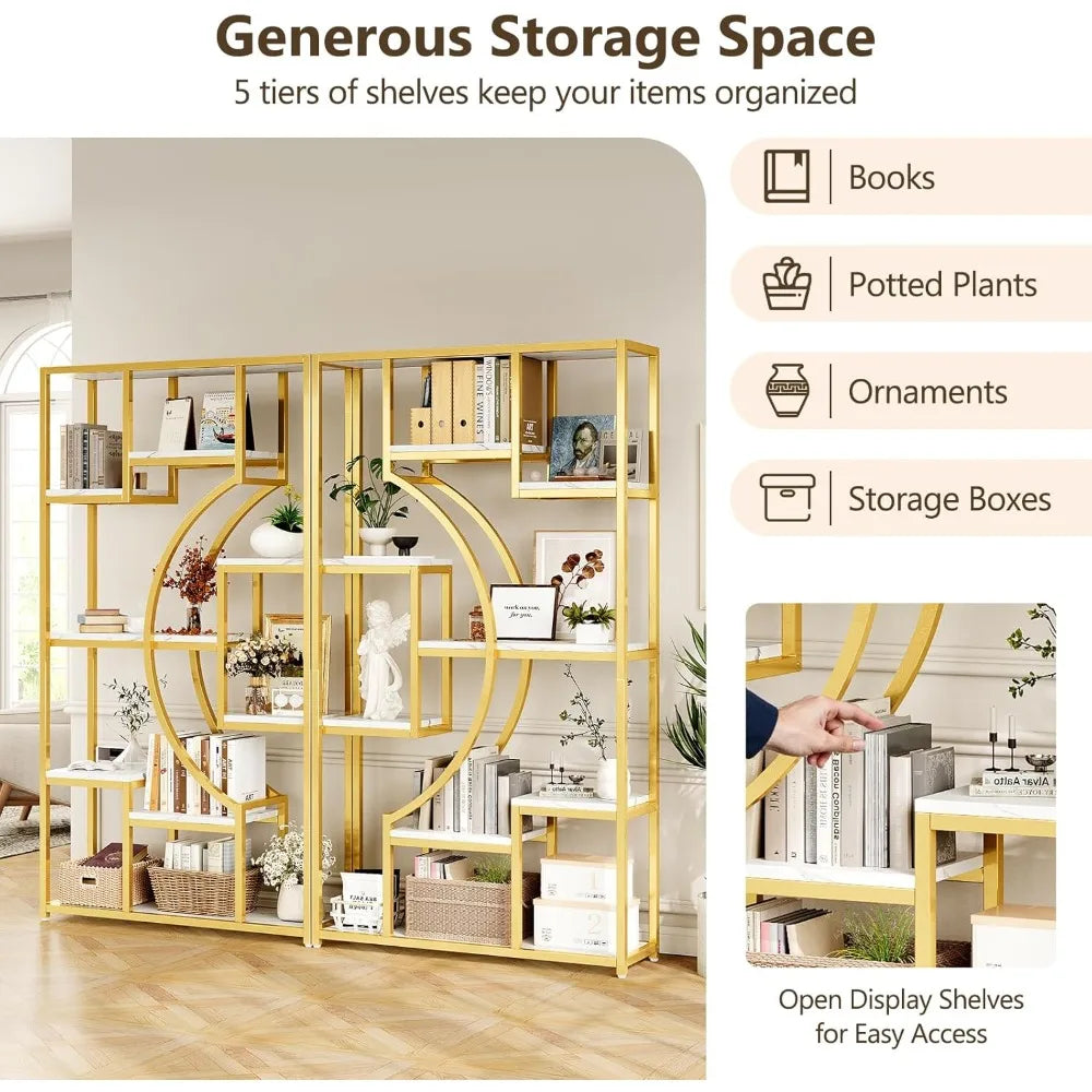 White And Gold Two Piece Bookshelf Set With Metal Frame