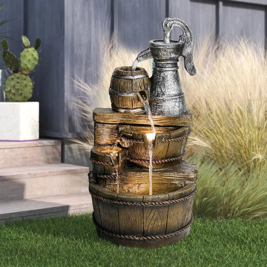 Rustic Barrel Five Tier Outdoor Fountain With LED Lights