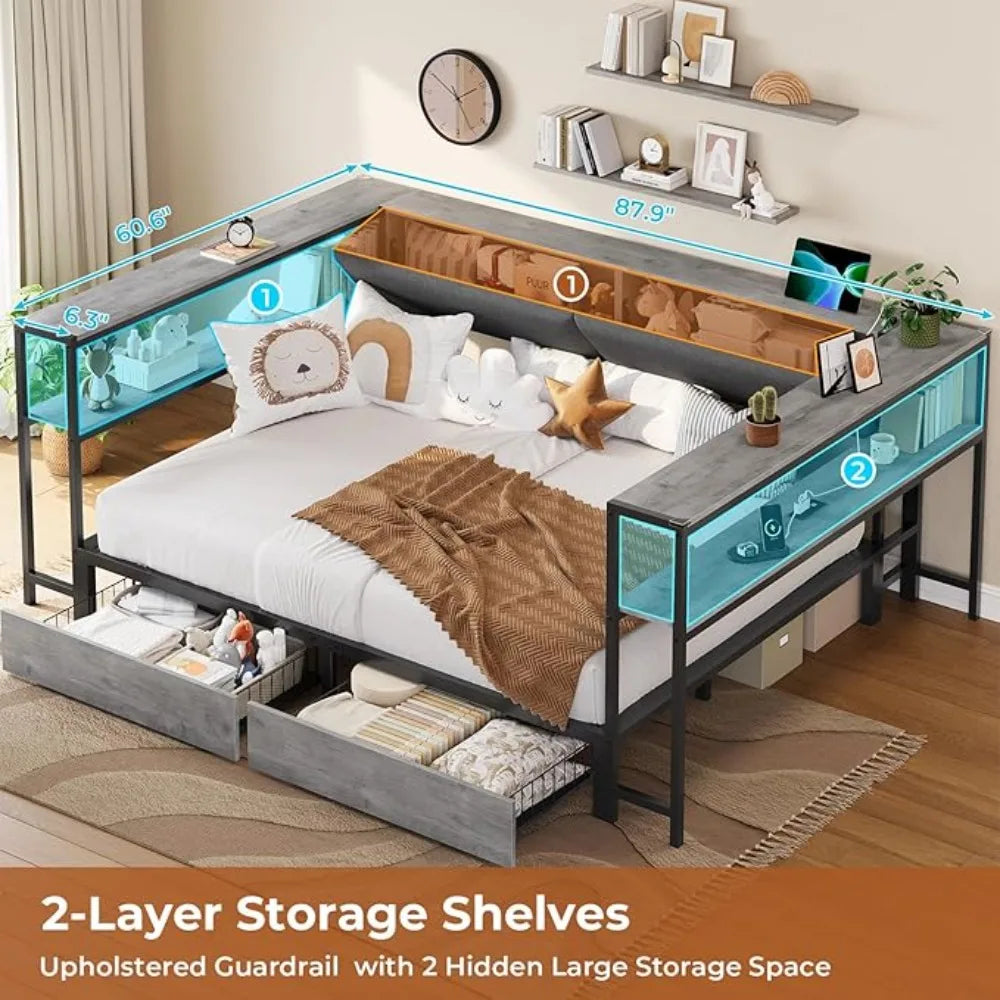 Full Corner Bed Frame with 2 Drawers and Hidden Storage Full Size Daybed with Charging Station and Storage Open Shelves Metal