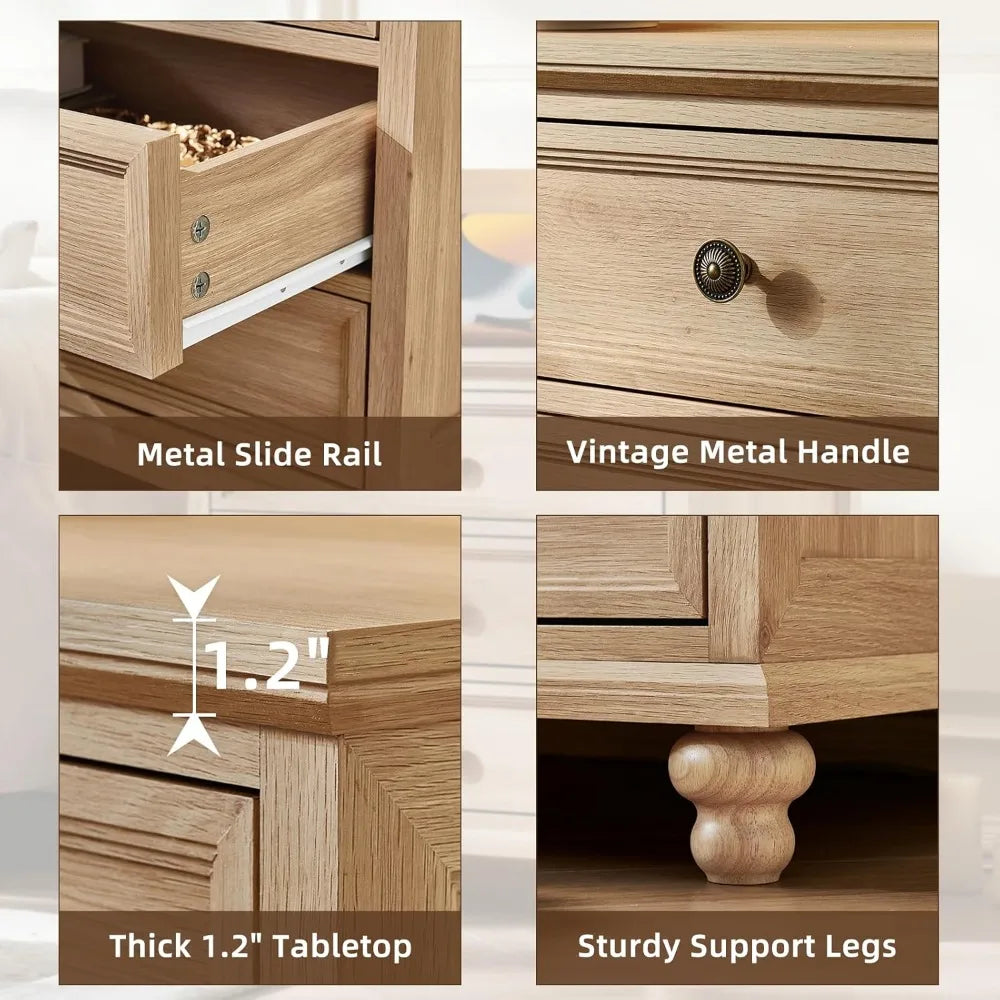 Farmhouse Nightstand with Charging Station, 24 Wide End Table with 3 Drawers, Natural Wood Dresser for Bedroom, Bedside Table