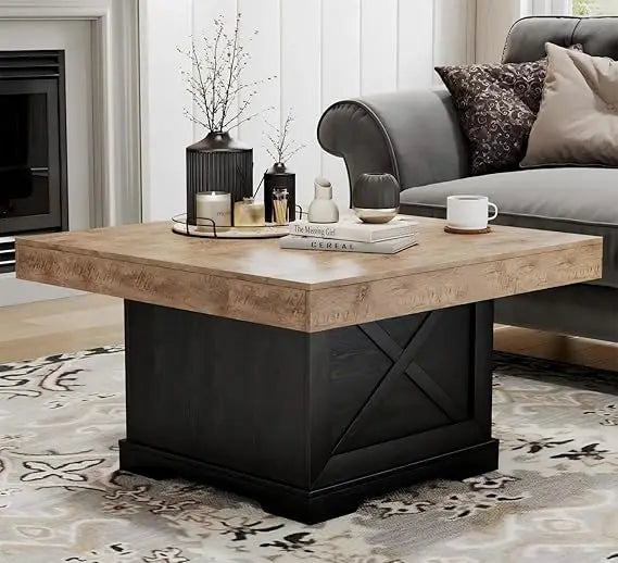 Rustic Dark Oak Coffee Table with X-Frame Pedestal for Living Room and Home Office
