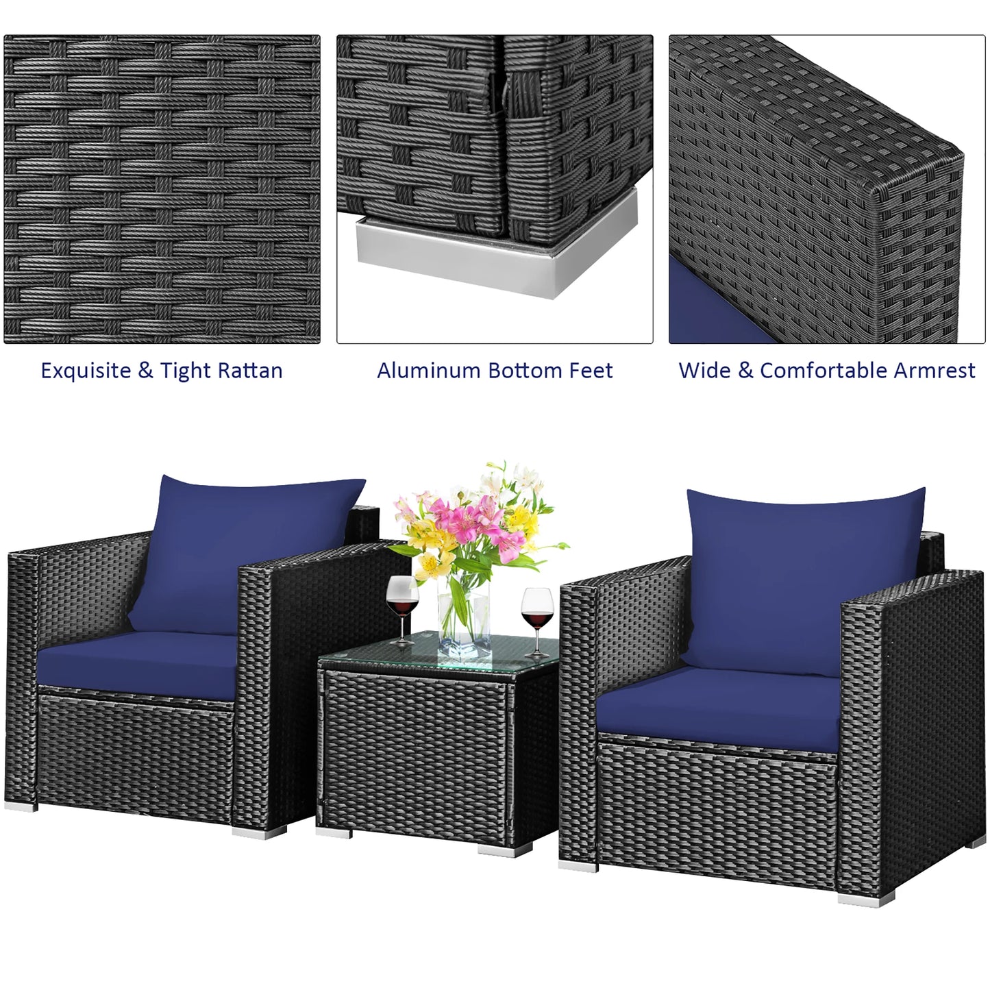 3PCS Patio Rattan Wicker Furniture Set Sofa Table W/Cushion Yard Navy