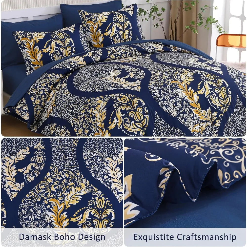 California King Comforter Set 7 Pieces Navy Blue Gold Damask