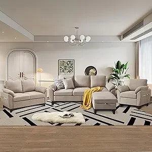 4 Piece Convertible Sectional Sofa Set, Modern Linen Small L Shaped Couch with Reversible Chaise, 3-Seater Sofa & Loveseat & Arm
