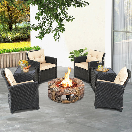 7-Piece Patio Rattan Set With Gas Fire Pit Table Cushions