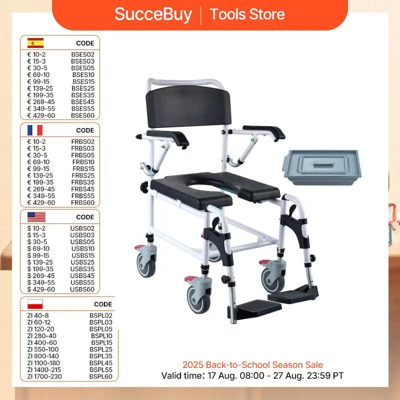 SucceBuy Shower Commode Wheelchair with 4 Lockable Wheels Footrests Flip-up Arms 3-Level Adjustable Height 5L Removable Bucket