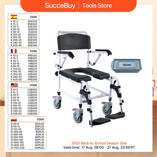 SucceBuy Shower Commode Wheelchair with 4 Lockable Wheels Footrests Flip-up Arms 3-Level Adjustable Height 5L Removable Bucket