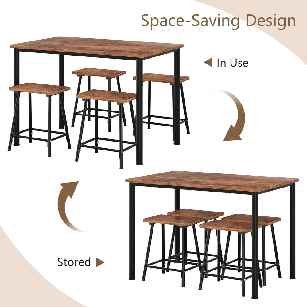 4 Person Dining Table Set With Metal Frame And Wooden Top For Small Spaces