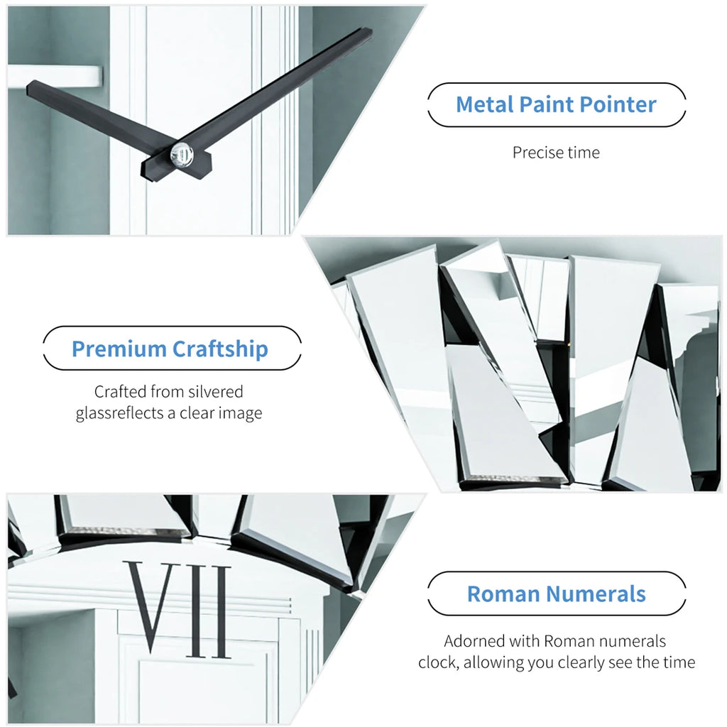 Large 3D Mirrored Sunburst Wall Clock With Roman Numerals Decor