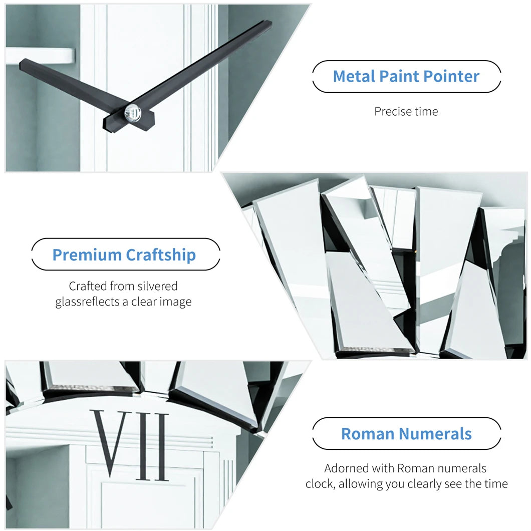 Large 3D Mirrored Sunburst Wall Clock With Roman Numerals Decor