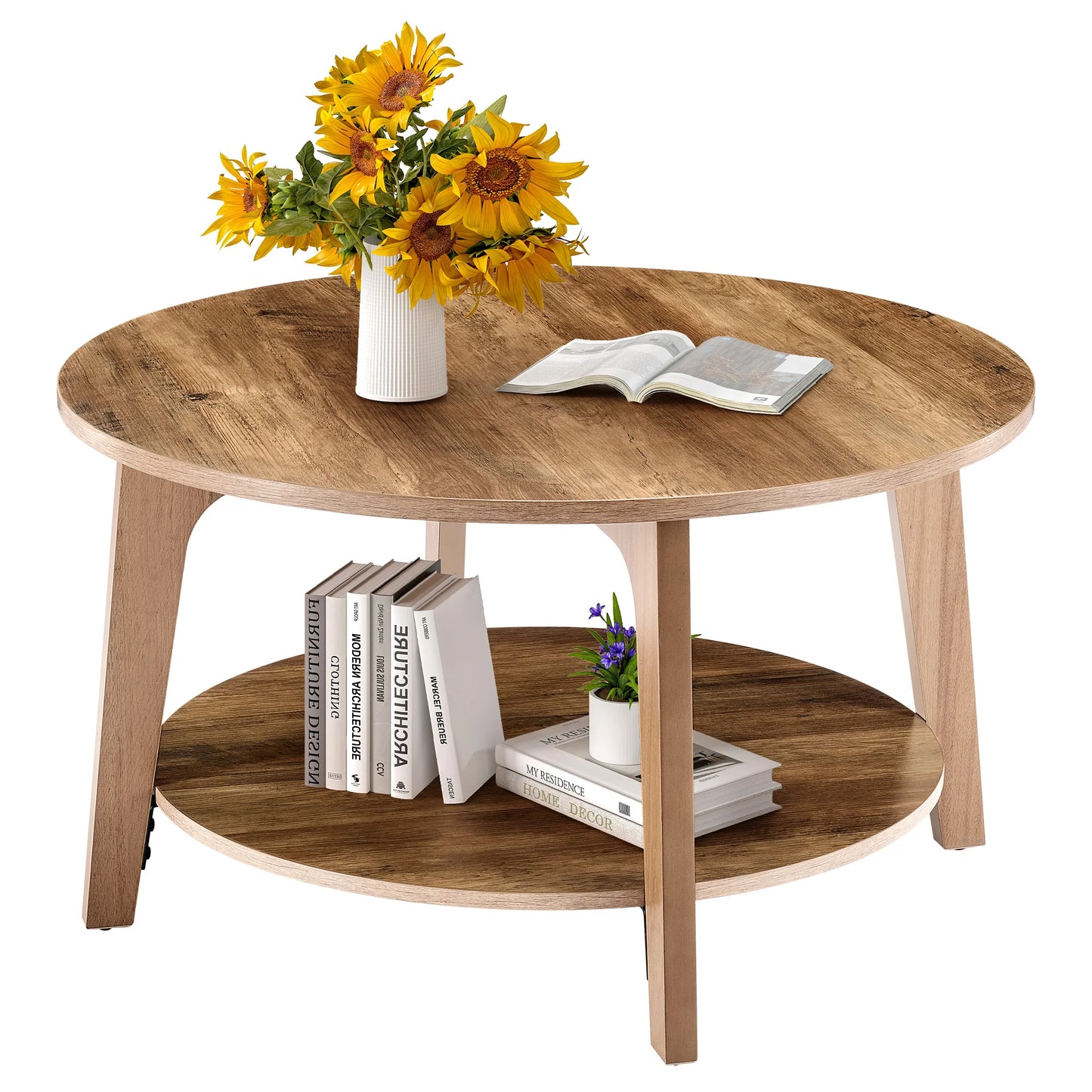 JHK 32 Inch Round Wood Coffee Table With Hidden Storage